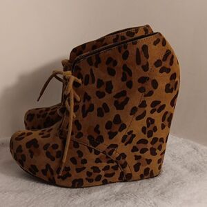 Soda Leopard Print Wedge Ankle Boots